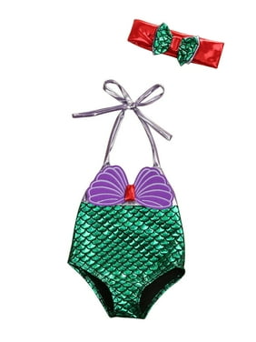 Baby Girl Mermaid Princess Bowknot Bathing Suit 1 Piece Halter Neck Sequins Swimsuit Headband Bikinis 0-3T